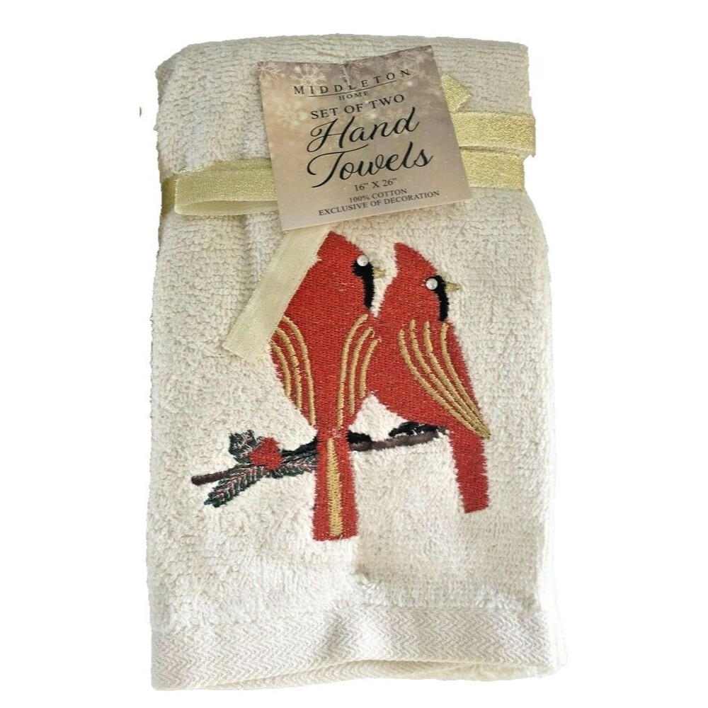 Christmas Cardinal Rhinestone Hand Towels Embroidered Embellished Ivory Set of 2